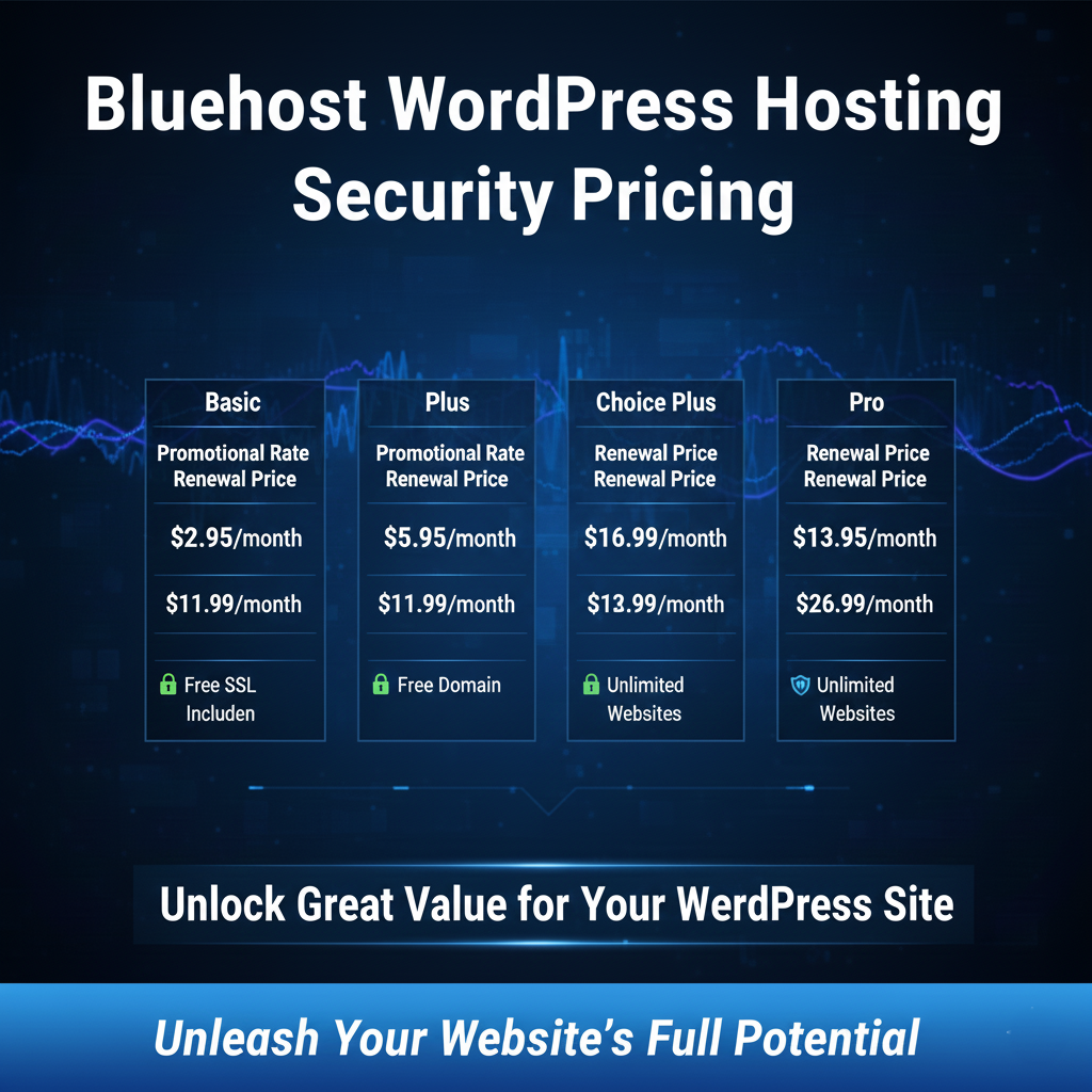 Bluehost WordPress hosting pricing comparison chart displaying promotional rates versus renewal pricing across Basic, Plus, Choice Plus and Pro plan tiers