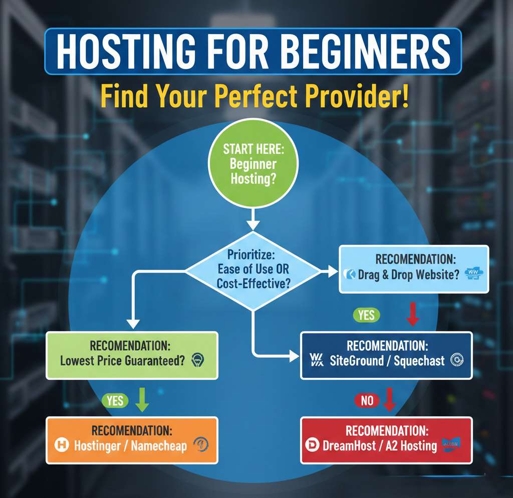 Decision flowchart matching specific beginner scenarios to recommended hosting providers based on priorities