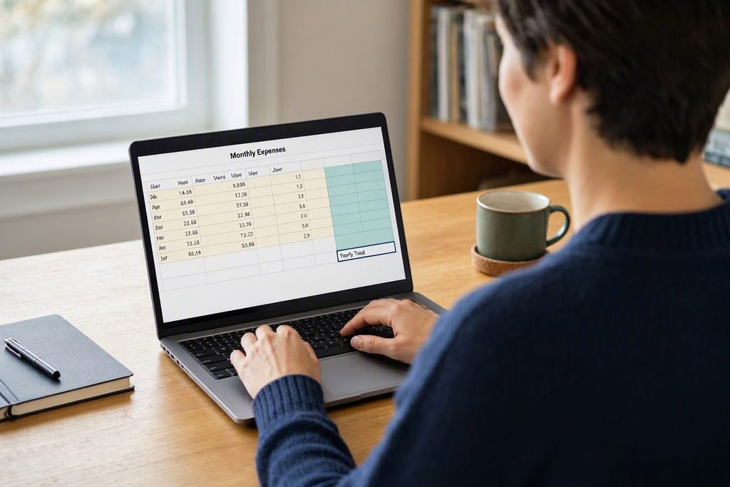 A blogger calculating hosting renewal fees on a laptop