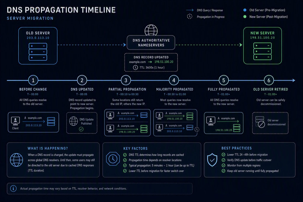 DNS Propagation During a Hosting Migration: How Long Should You Actually Wait? 3 A conceptual chart illustrating the timeline of DNS propagation across global recursive servers during a host migration.