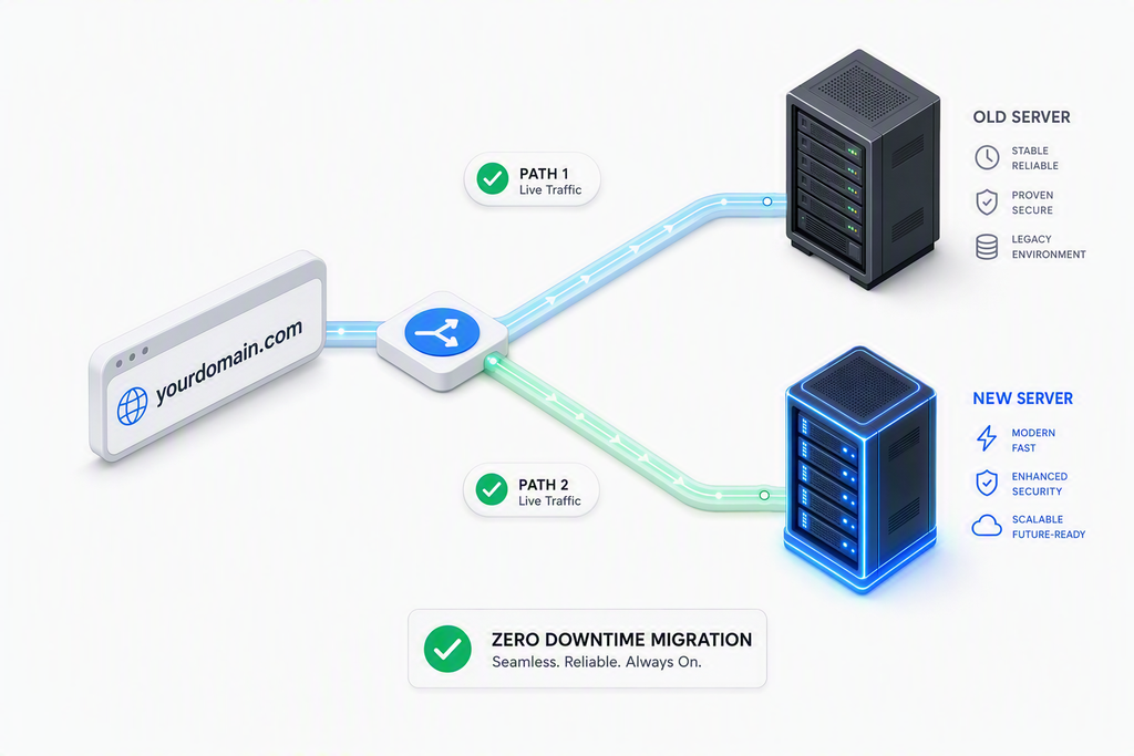 A conceptual diagram showing a website domain routing traffic seamlessly to both old and new web servers simultaneously.