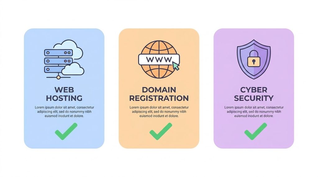 Bluehost Renewal Pricing: What Actually Changes After Year One? 4 A flat style diagram showing hosting plan components like domain and security add ons