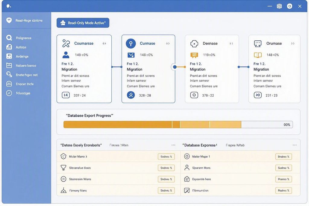 Migrating WooCommerce Without Losing Orders: What Actually Breaks? 4 Step-by-step workflow interface representing database freeze execution settings