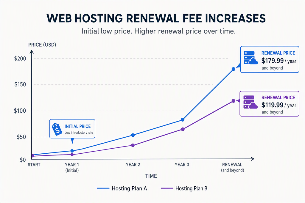 Bluehost vs Hostinger renewal cost illustration showing price increases