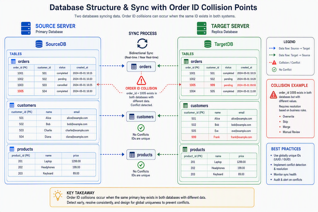 Migrating WooCommerce Without Losing Orders: What Actually Breaks? 3 Database architecture visualization showcasing potential ID collision points when migrating WooCommerce