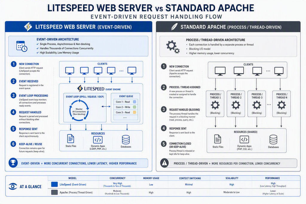 Diagram showing LiteSpeed Web Server architecture and event-driven request handling.
