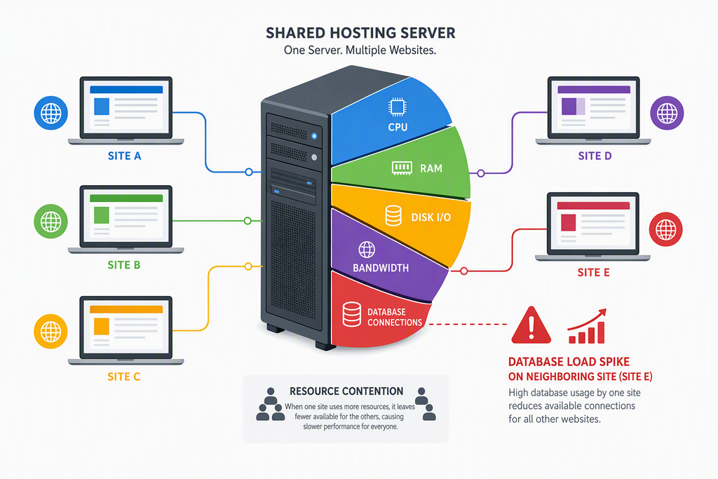 Bluehost for WooCommerce: Does the Basic Plan Actually Hold Up? 4 Flowchart depicting shared hosting server resources divided among multiple websites