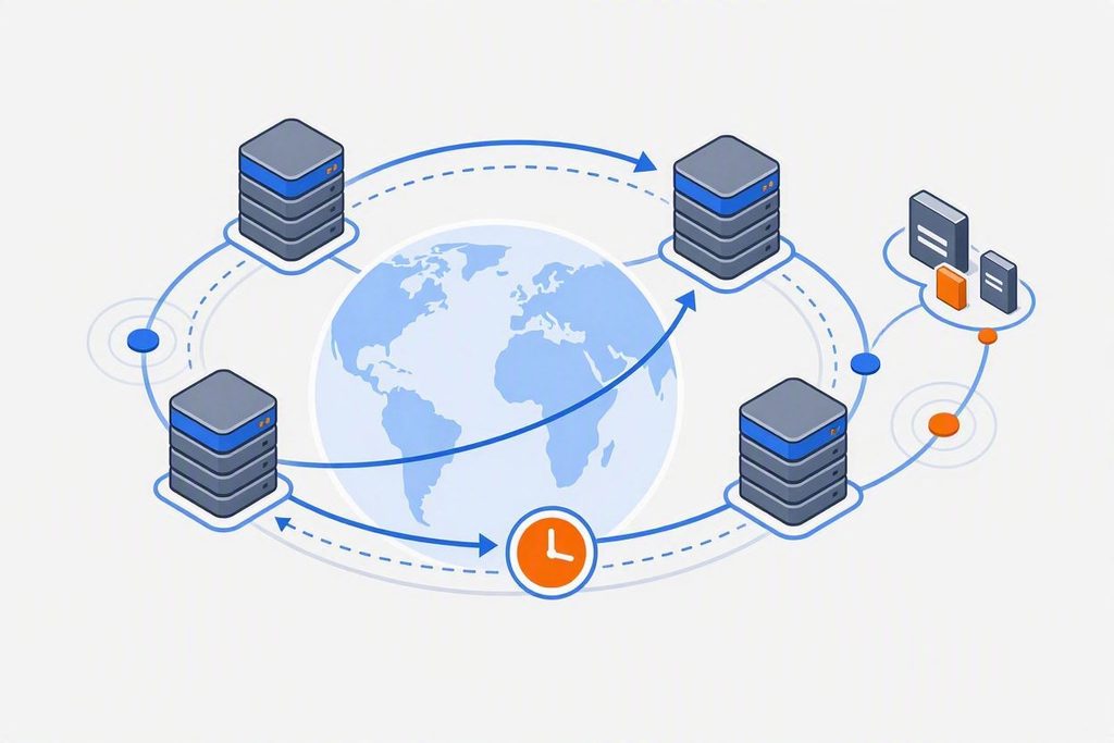 Illustration showing recursive DNS servers caching IP records to handle traffic transition.