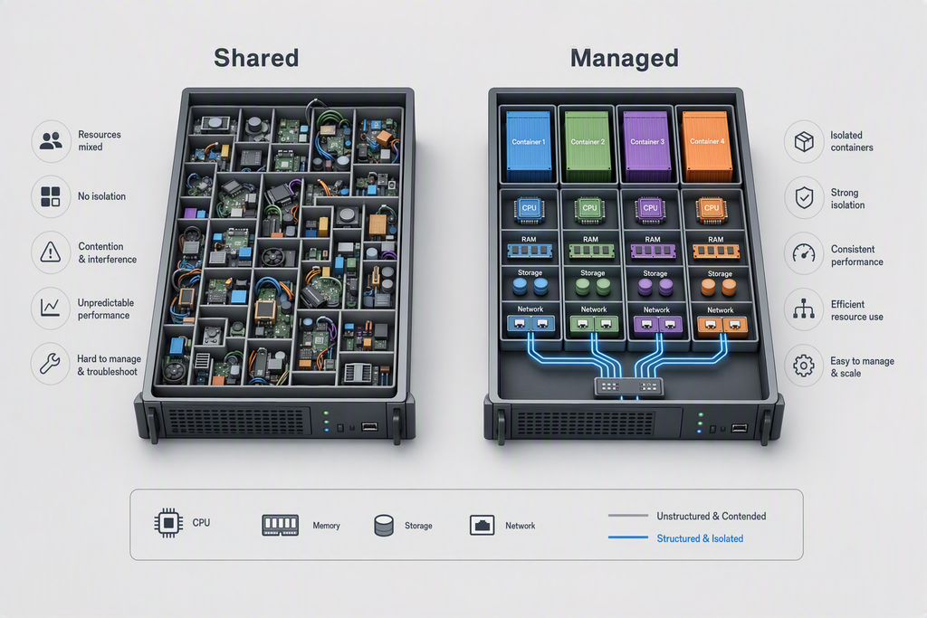 Shared Hosting vs. Managed WordPress Hosting: Which Fits a Blog Under 10,000 Monthly Visitors? 3 Infographic showing a server resource comparison between shared and containerized managed WordPress setups.