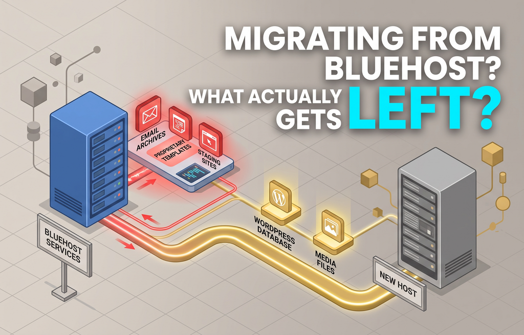 Infographic showing a site migration breakdown illustrating files that migrate versus system files left behind on Bluehost servers
