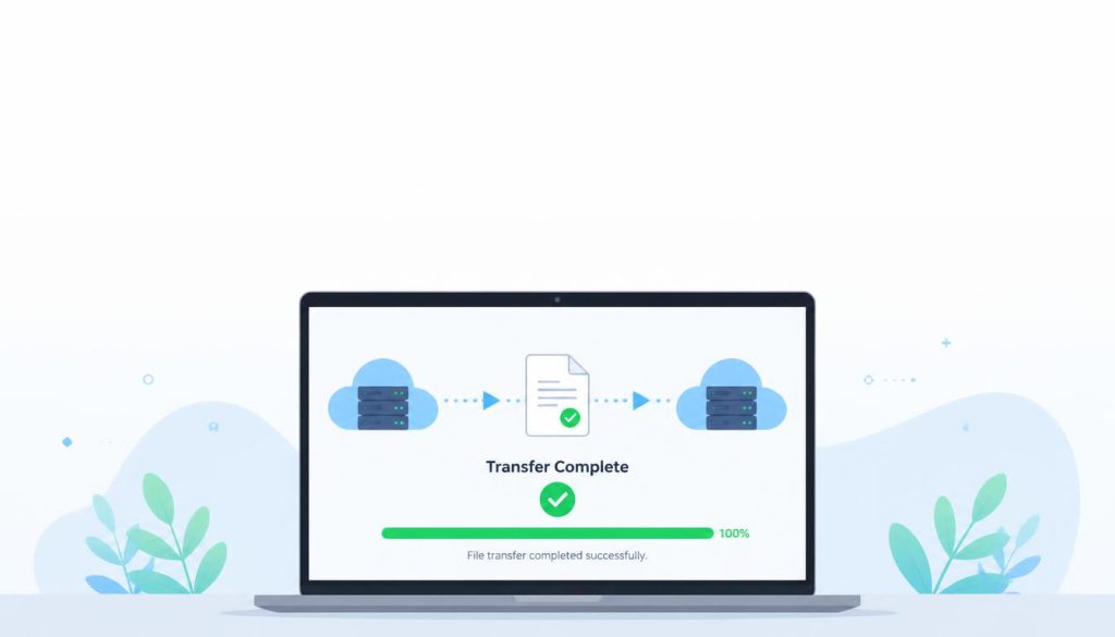 A laptop showing successful website migration progress between two secure cloud servers.