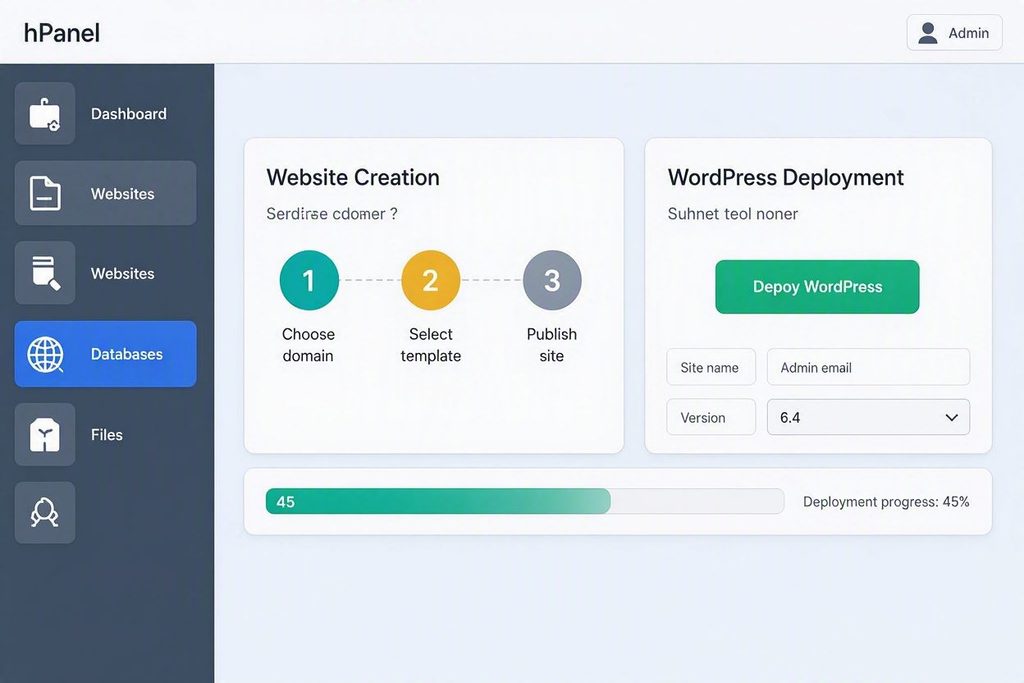 hPanel dashboard interface visualization showcasing website deployment options.