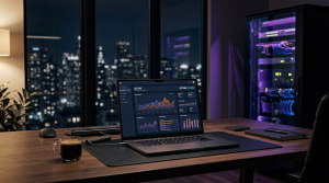 Laptop showing ACTIVE dashboard and 99.90% uptime beside illuminated server rack