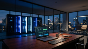 Laptop showing monitoring dashboards beside illuminated server racks in a modern office
