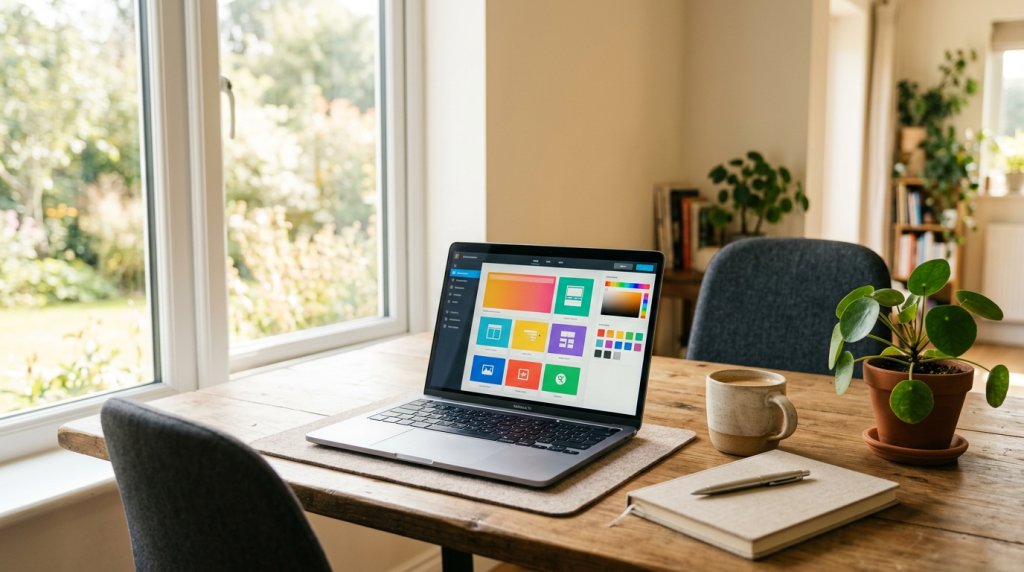 Bright home office with laptop website builder