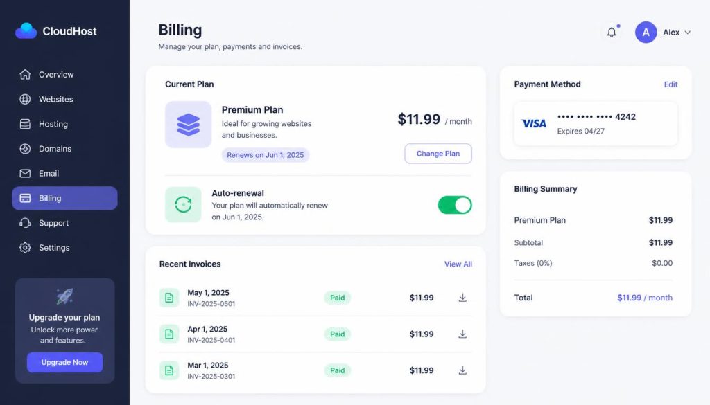 Hostinger’s Free Domain Offer: What Happens to Pricing After Year One? 4 A user dashboard interface visualizing Hostinger free domain renewal settings and auto renew toggle