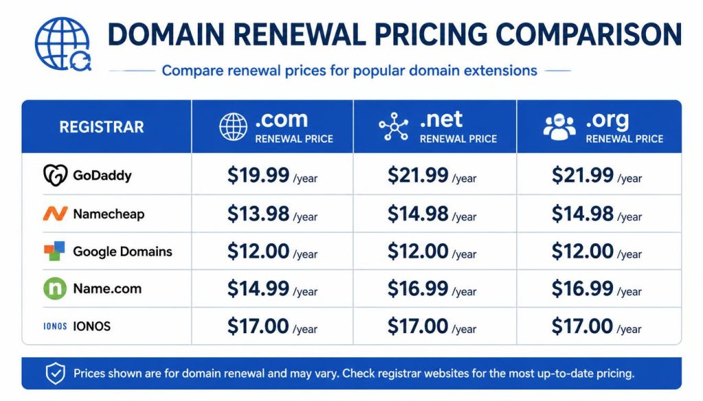 Hostinger’s Free Domain Offer: What Happens to Pricing After Year One? 3 Comparison chart showing Hostinger free domain renewal costs for different TLD extensions