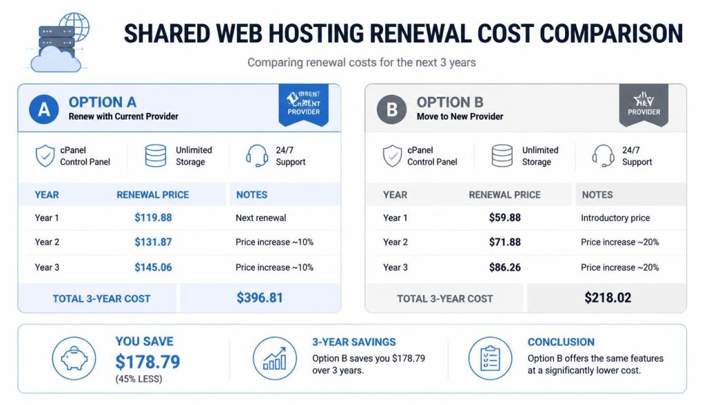 SiteGround vs. Bluehost Renewal Cost for Blogs Under 10,000 Visitors 3 Comparison table illustrating SiteGround vs Bluehost renewal cost structures and feature inclusions