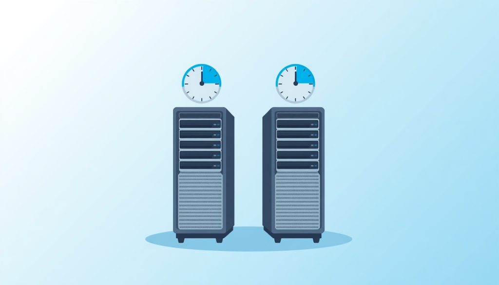 Illustration comparing web hosting queue speeds with stylized clock symbols